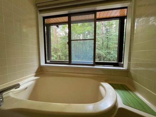 una bañera en un baño con ventana en ネイチャーゲート軽井沢, en Kita-karuizawa