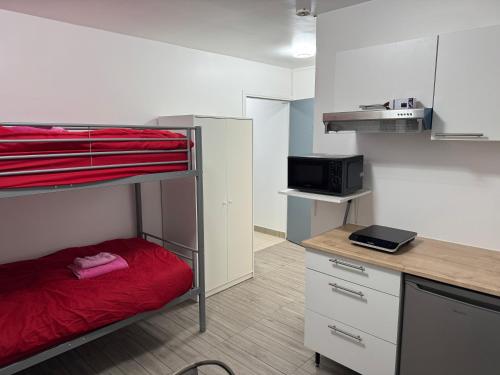 Cette petite chambre comprend des lits superposés et un bureau. dans l'établissement Appartement F, RESIDENCE DU RENOUVEAU, Stade de France, idéal pour 2 pers, à Saint-Denis
