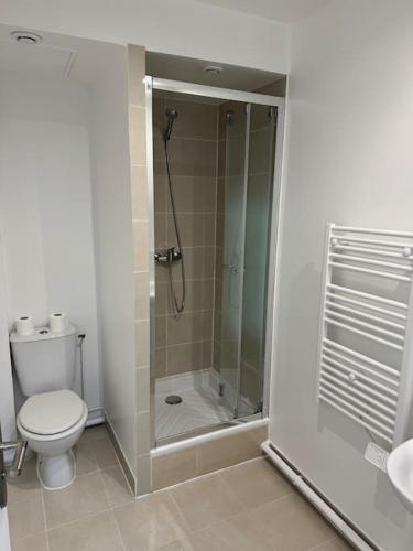 une salle de bain avec une douche, des toilettes et un lavabo dans l'établissement Appartement I, RESIDENCE DU RENOUVEAU, Stade de France, idéal pour 2 pers, à Saint-Denis