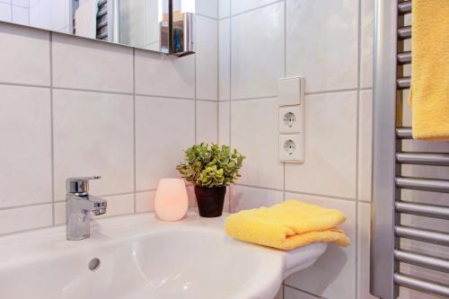 a white bathroom with a sink and a plant at Apartment Landhotel Zum Storchennest in Bann