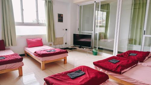 a living room with red pillows and a flat screen tv at 東海獨角獸 in Longjing