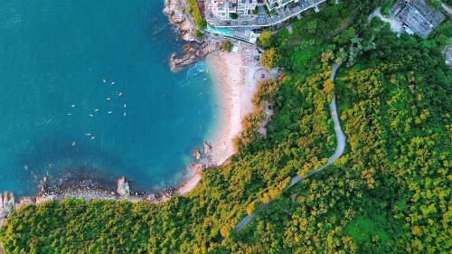 an aerial view of a beach and the ocean at 阿卡那拉橘子海亲子民宿 in Dapeng