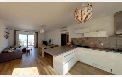 une cuisine et un salon avec une table et un canapé dans l'établissement Superbe appartement vue mer à Algajola, à Algajola