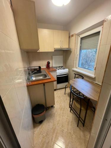 a small kitchen with a sink and a table at Studio Coanda in Craiova