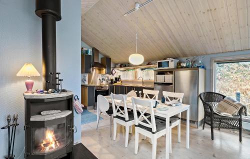 cocina y comedor con chimenea, mesa y sillas en Nice Home In Hobro With Sauna, en Hobro