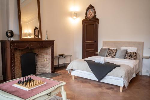 a bedroom with a bed and a fireplace and a mirror at CHIC ANDREOSSY-COSY-AUTHENTIQUE-WI-Fi-Vélo in Castelnaudary