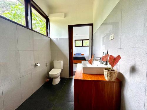 a bathroom with a sink and a toilet at Villa Pandan Simeulue in Salul