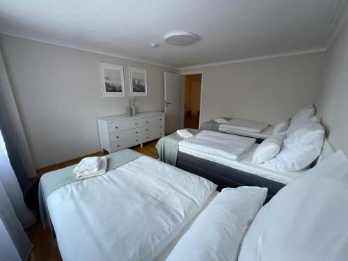 a room with three beds and a dresser in it at Fewo Unter'm Rosenstein, Heubach in Heubach