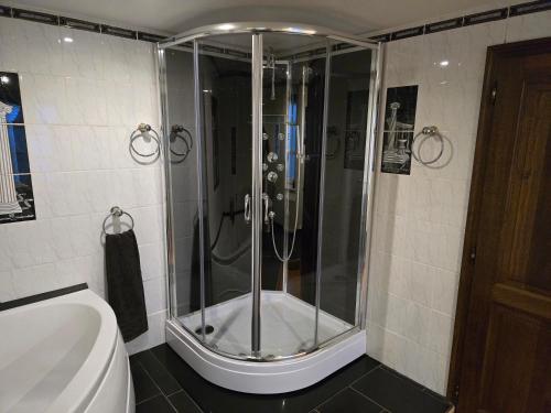 a shower with a glass door in a bathroom at Cosy House in Dippach
