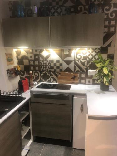 Il comprend une cuisine équipée d'un four et de plaques de cuisson. dans l'établissement La Petite Maison, à Survilliers