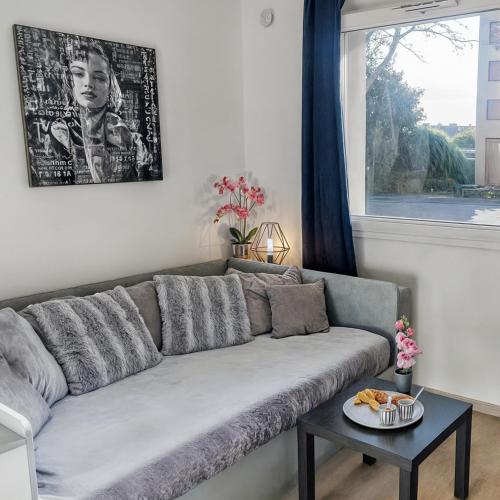 un salon avec un canapé gris et une table dans l'établissement L IDEAL!, Cosynestdunkerque, à Dunkerque