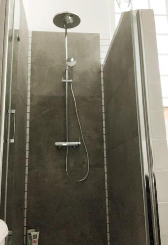 une douche avec une porte vitrée dans une salle de bain dans l'établissement Villa de charme 3 étoiles avec piscine, à Saint-Florent-sur-Cher