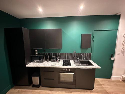 - une cuisine avec une cuisinière et un mur vert dans l'établissement Santa Fe, appartement neuf proche du centre-ville, à Reims