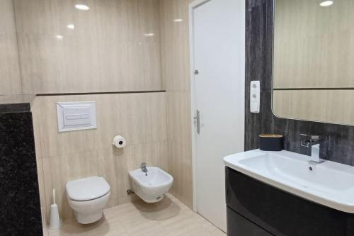 un bagno con un water bianco e un lavandino di Apartamento Gran Via para 6 en el centro de Premià a Premiá de Mar