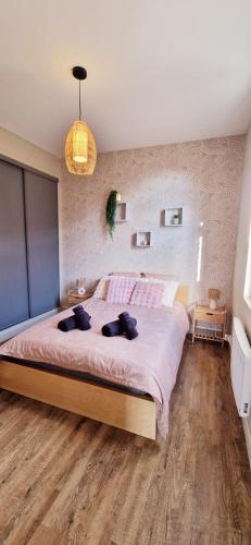 une chambre avec un grand lit avec deux oreillers dessus dans l'établissement Sunny - Hypercentre - Fibre, à Sin-le-Noble