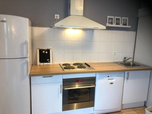 グリュイッサンにあるLe Soleil Levantのキッチン(白い家電製品、白い冷蔵庫付)