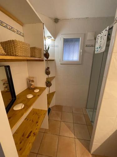 La petite salle de bains est pourvue d'une douche et d'un lavabo. dans l'établissement Le Soleil Levant, à Gruissan