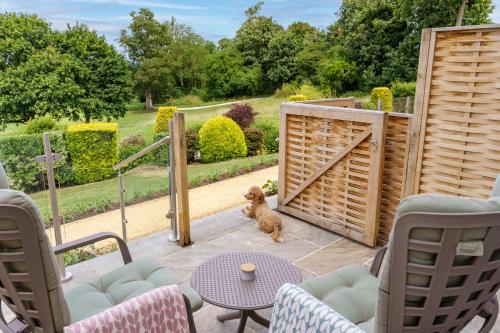 a dog sitting on a patio in front of a door at Tewkesbury Park in Tewkesbury