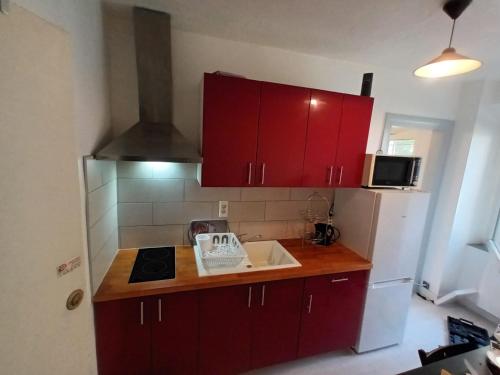 une cuisine avec des armoires rouges et un comptoir dans l'établissement Charmant studio en centre-ville de Mulhouse - Equipé, à Mulhouse