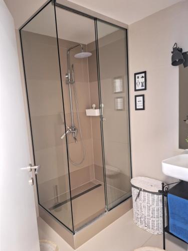 a glass shower in a bathroom with a sink at Maja’s lovely place in Velika Gorica