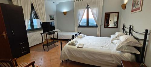 a bedroom with a bed and a desk and a television at La Tana in Flumeri