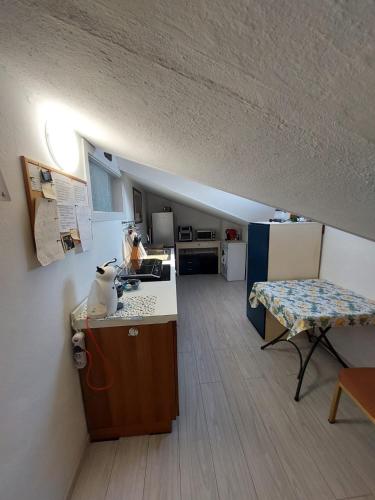 Una cocina con encimera y mesa en una habitación. en Nido di Stella, en Zanica