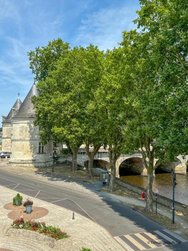 an old building with a bridge and trees and a street at Les Apparts 75 & 80 in Châtellerault