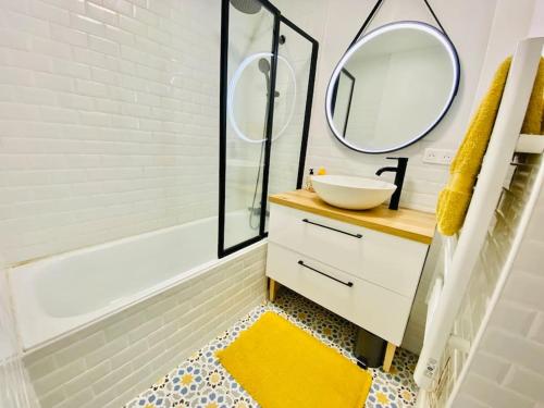 une salle de bain avec un lavabo et deux miroirs dans l'établissement Appart lumineux 2 chambres - quartier calme au pied du métro, à Toulouse