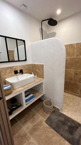 une salle de bain avec un lavabo et un miroir dans l'établissement Gite Aigues Vives - Les Jardins, à Montpeyroux