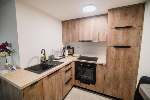 a kitchen with wooden cabinets and a sink at Apartment Trta with Vineyard View in Bistrica ob Sotli