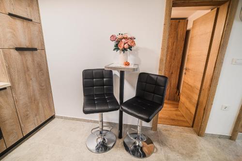 two black chairs sitting next to a table in a room at Apartment Trta with Vineyard View in Bistrica ob Sotli