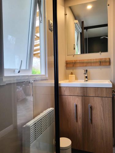 une salle de bain avec un lavabo et un miroir dans l'établissement Mobil home gamme luxe 6 personnes camping 5 étoiles, à Saint-Georges-dʼOléron