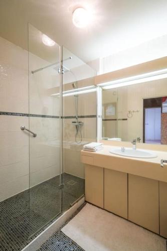 une salle de bain avec une douche en verre et un lavabo dans l'établissement Beautifully designed 1BR with King Size bed, à Paris