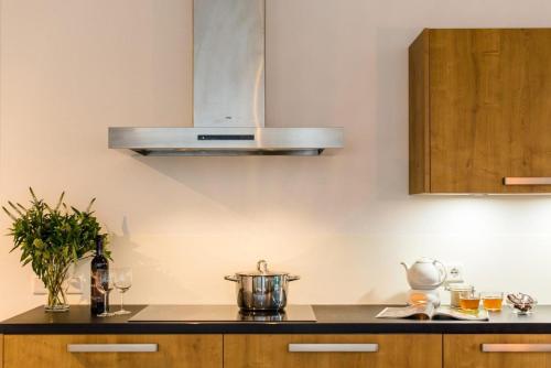a kitchen with a counter with a pot on a stove at De Plevieren in Buren
