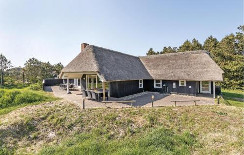 a house with a thatched roof sitting on top of a field at Stunning Home In Blåvand With Sauna in Blåvand