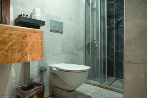 a bathroom with a toilet and a glass shower at Scylax Hotels Mahmutlar in Alanya