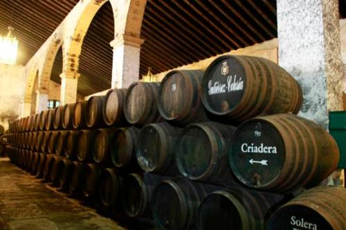 a row of wine barrels in a warehouse at Villa de Lujo con Jardines y Piscina in El Puerto de Santa María