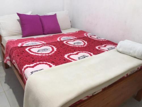 a bed with a red and white blanket and purple pillows at Adisham village home in Haputale