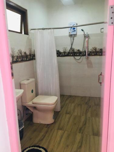 a bathroom with a toilet and a shower and a sink at Adisham village home in Haputale