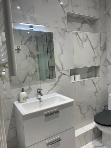 une salle de bain blanche avec un lavabo et un miroir dans l'établissement La Thipique, à Paris