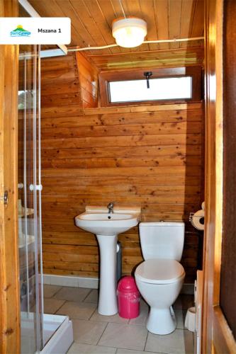 a bathroom with a toilet and a sink at SuliCamp Kompleks Wypoczynkowy in Sulistrowice