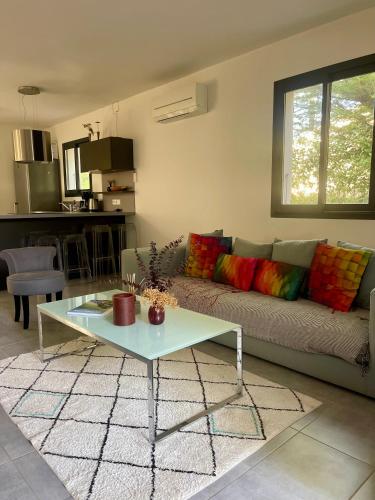 un salon avec un canapé et une table dans l'établissement Maison T4 Saint Cyprien, à Lecci