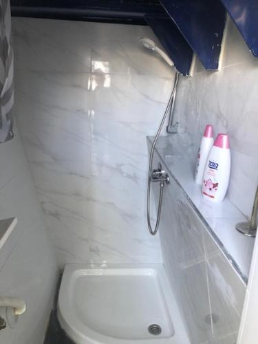 a bathroom with a shower and a toilet and a sink at הפנינה הלבנה in Eilat