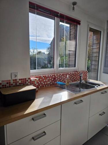 une cuisine avec un évier et deux fenêtres dans l'établissement Ty Béné - Maison de charme - 1-7 personnes, à Riec-sur-Bélon