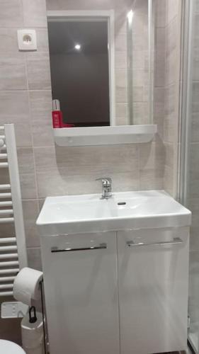 une salle de bain blanche avec un lavabo et un miroir dans l'établissement Espace Spirituel, à Saint-Sulpice-le-Dunois