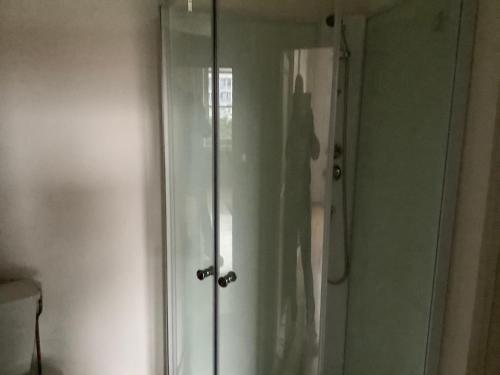 une cabine de douche avec une porte vitrée dans une salle de bain dans l'établissement Appartement avec beaucoup de caractere, à Ligny-en-Barrois