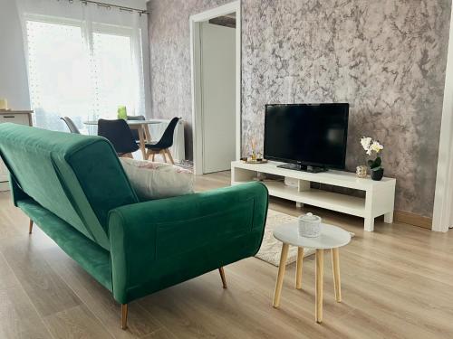 Una sala de estar con un sofá verde y un televisor. en Rainbow Apartments, en Floreşti