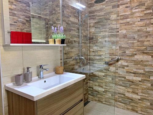 łazienka z umywalką i prysznicem w obiekcie Apartment Rozi w mieście Šilo