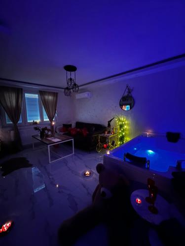 a living room with a couch and a swimming pool at night at Teddy Bear Jacuzzi Spa Apartment Sarajevo in Sarajevo