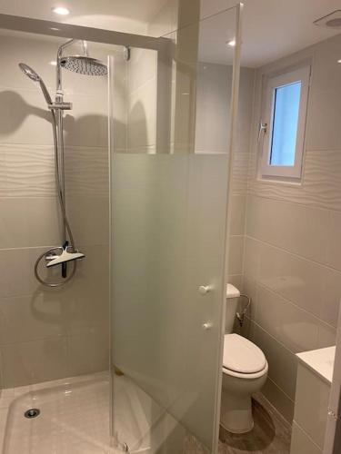 une salle de bain avec toilettes et douche en verre dans l'établissement Maison VAMEA, à Neufchâtel-Hardelot